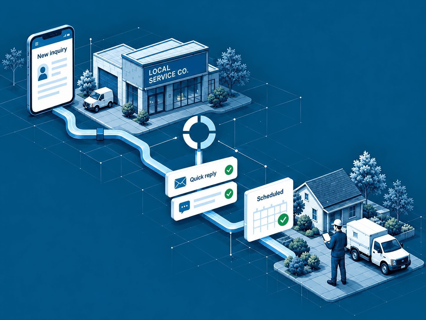 An illustrative path from a customer inquiry through follow-up, scheduling and the details for a service visit