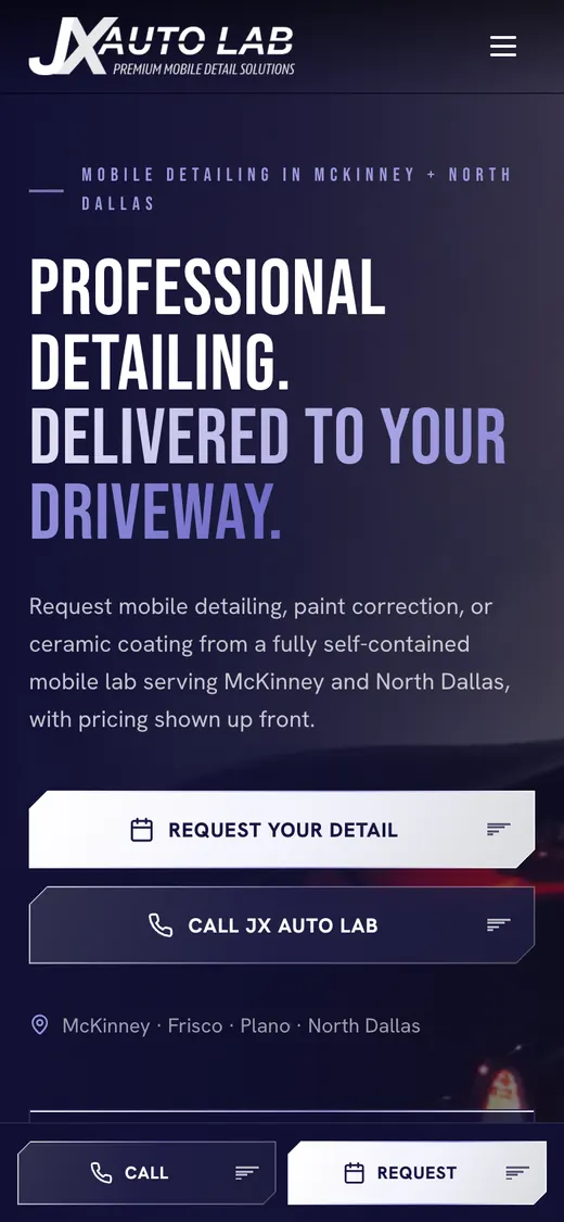 The JX Auto Lab website on a phone