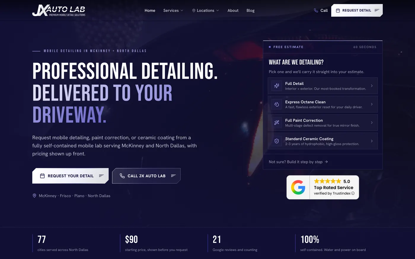 The JX Auto Lab website