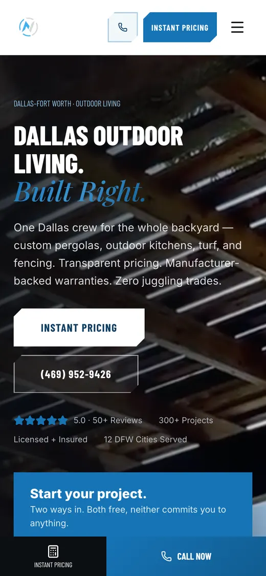 The New Image Outdoor Living website on a phone